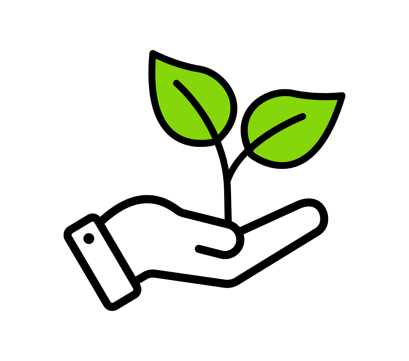 Illustration of a hand holding a small plant with two green leaves, symbolizing growth and care, on a white background.