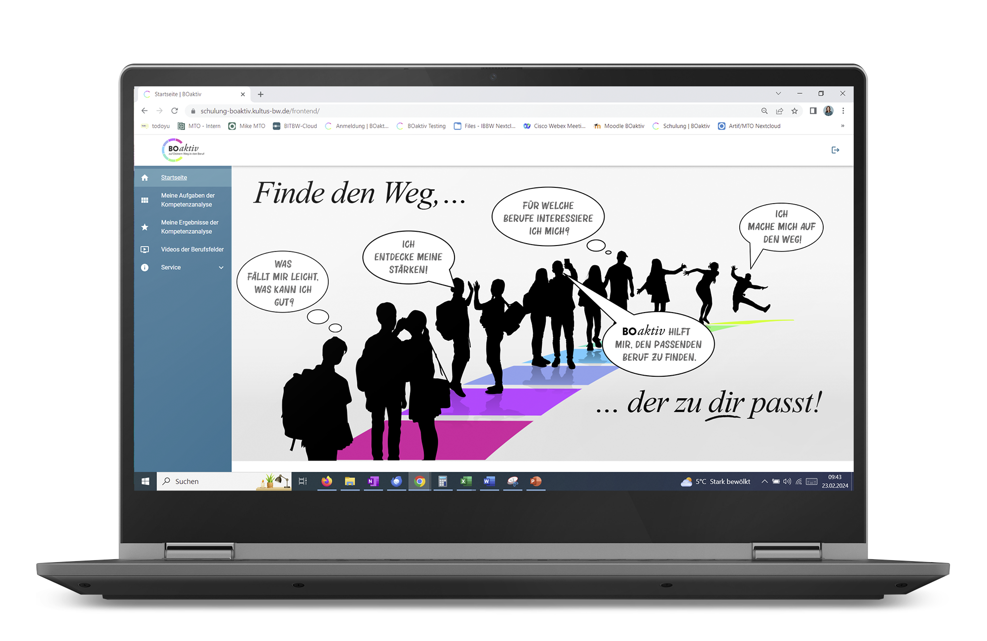 Laptop displaying a website with silhouettes of people on colorful steps, speech bubbles, and German text about finding one's path.