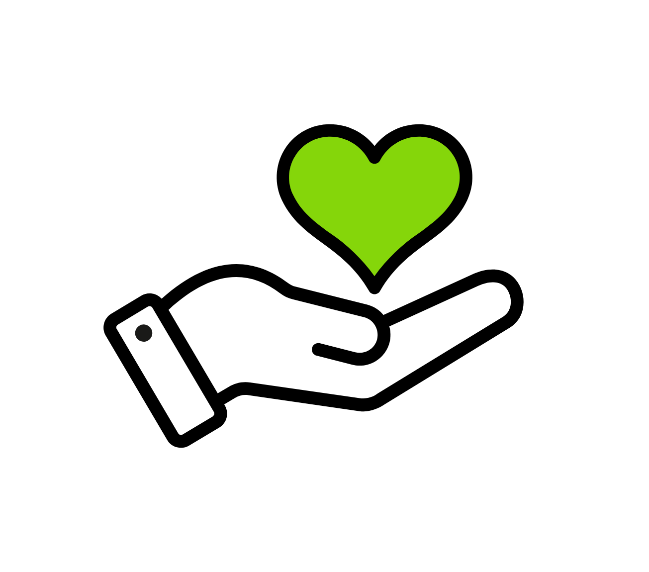 Illustration of an open hand with a green heart above it, symbolizing care and support.