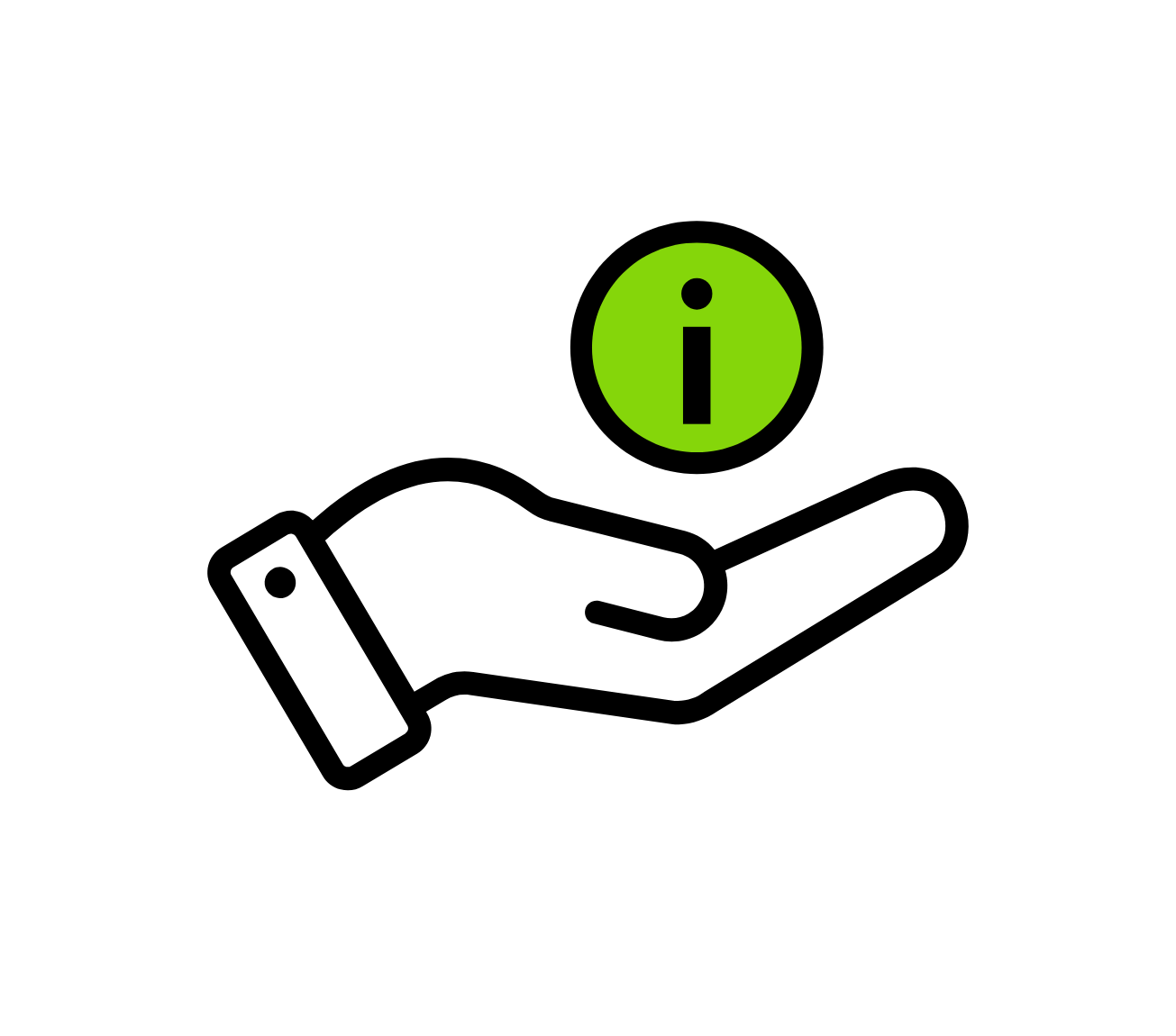 Icon of an open hand with a green circle containing an "i" above it, symbolizing information support or assistance.