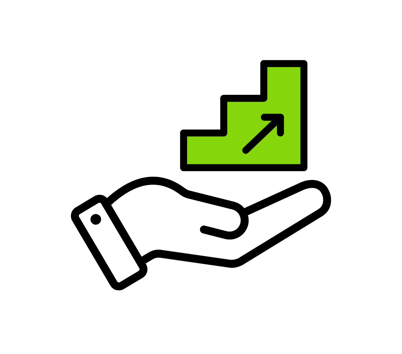 An open hand icon with a green ascending bar graph and arrow, symbolizing growth or progress.
