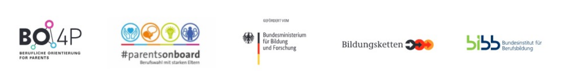 Die Logos BO4p - Berufliche Orientierung for parents, #parentsonboard - Berufswahl mit starken Eltern, Bundesministerium für Bildung und Forschung, Bildungsketten und Bundesinstitut für Berufsbildung nebeneinander abgebildet