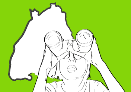 Illustration of a person looking through binoculars against a bright green background with a white silhouette of a map.