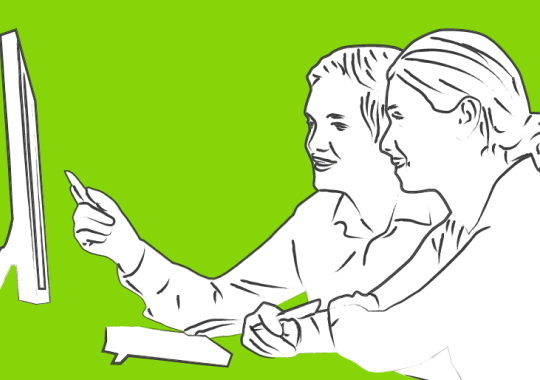 Illustration of two people smiling and pointing at a computer screen, with a bright green background.