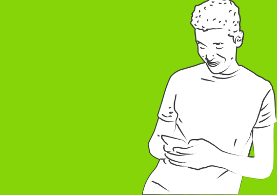 Illustration of a person with curly hair smiling while looking at a phone against a bright green background.