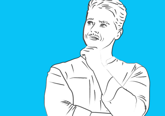 Line drawing of a person with a mustache, hand on chin, looking thoughtful against a bright blue background.