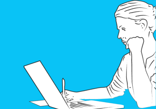 Illustration of a person working on a laptop, writing with a pen, against a blue background. The person appears focused and thoughtful.