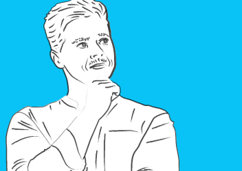 Line drawing of a person with a mustache, hand on chin, looking thoughtful, against a bright blue background.