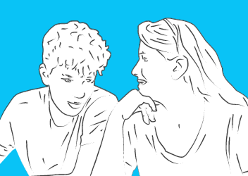 Line art of two people sitting and talking against a blue background; one has curly hair, the other has long hair.